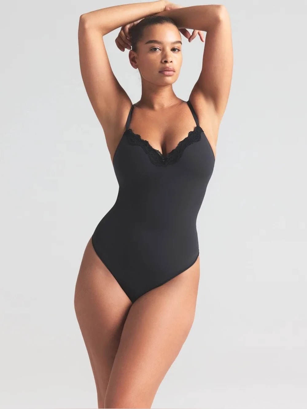 SKIMS FITS EVERYBODY LACE PUSH UP THONG BODYSUIT ONYX